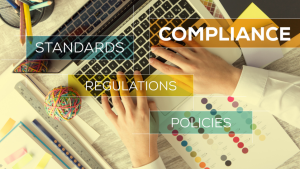 A apir of hands typing on a keyboard, overlaid with messages saying Srandards, Compluance, Regulations, Policies
