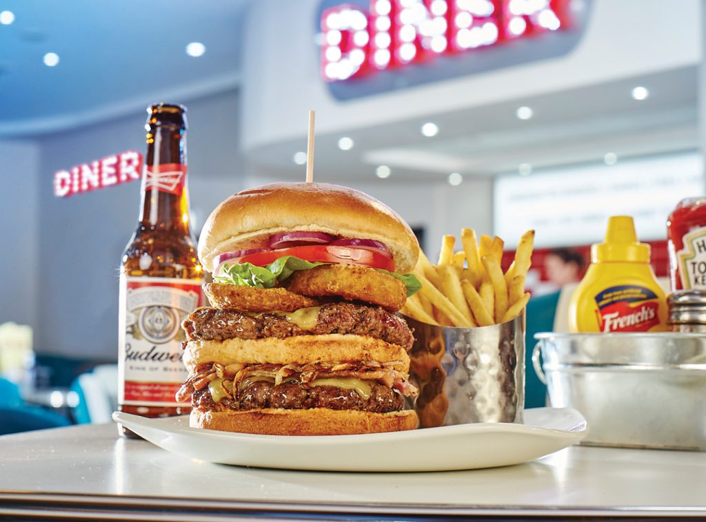 Large beefburger in American style diner resturant