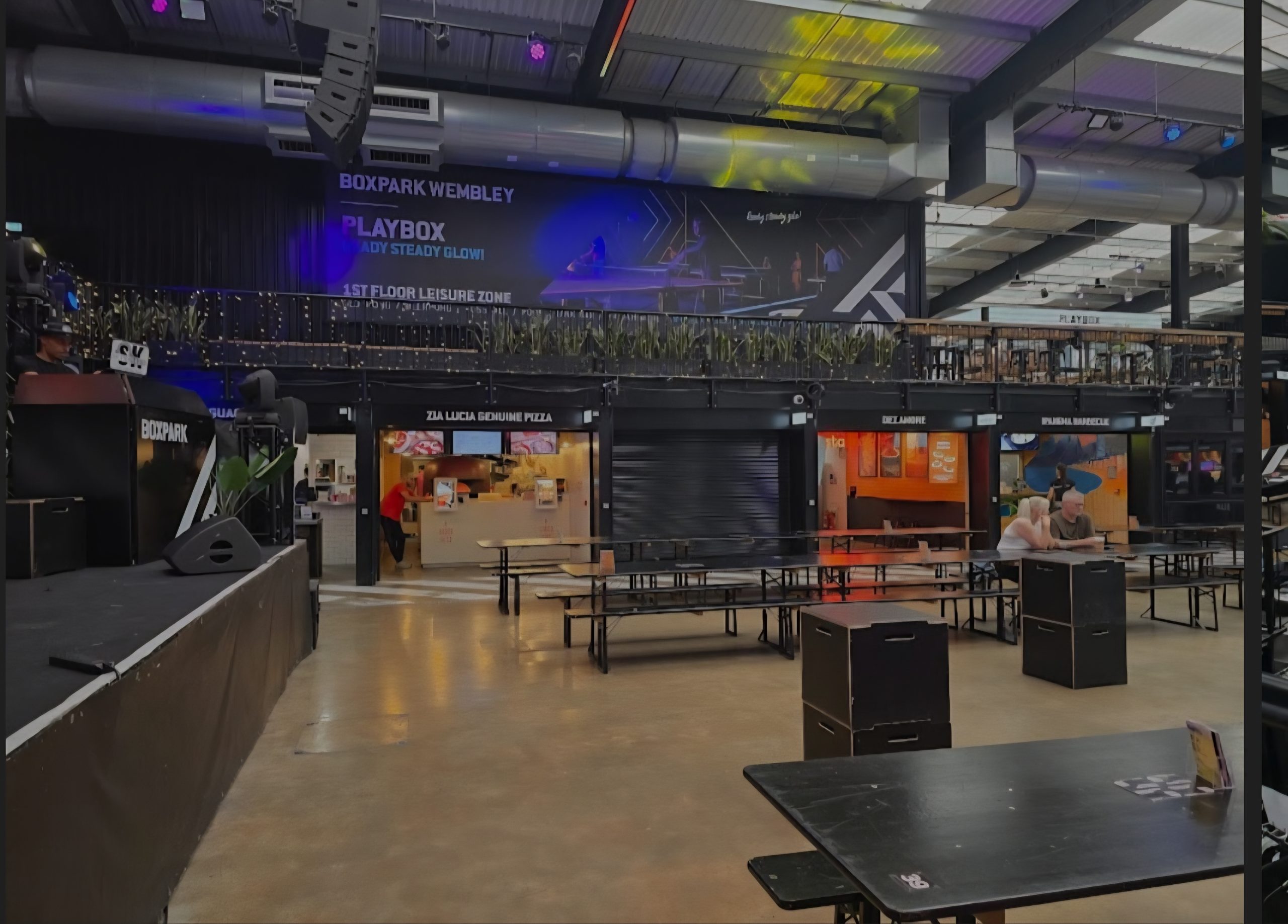 An empty food hall at Boxpark Wembley.