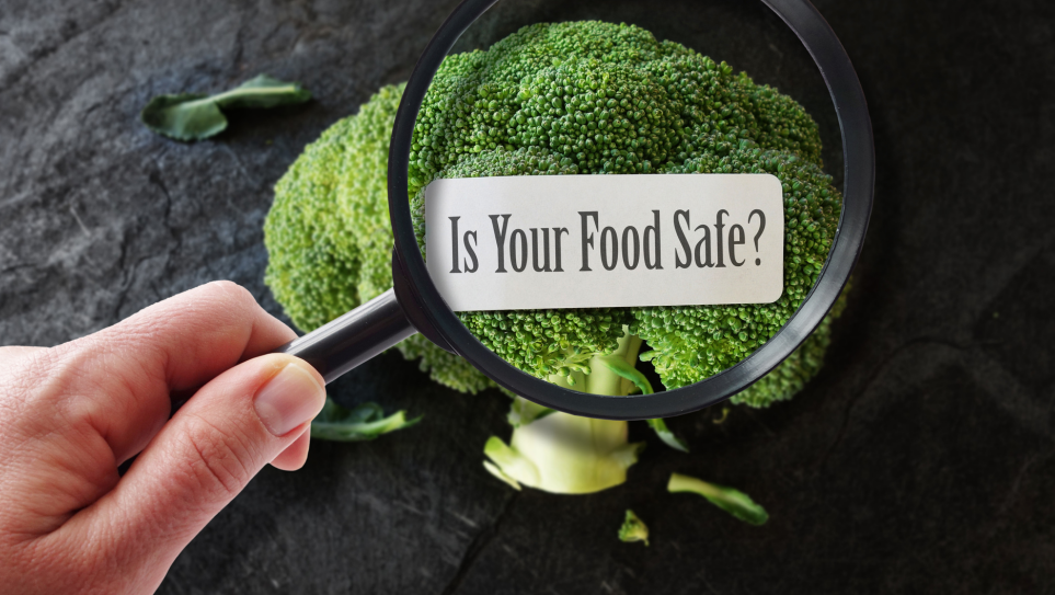 A hand holding a magnifying glass over a piece of broccoli, labelled: "Is Your Food Safe?" in terms of food safety compliance for restaurants.