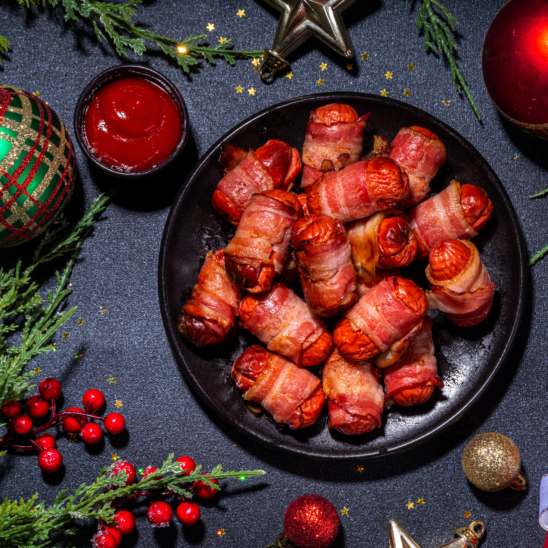 A black platter of pigs in blankets with a pot of tomato ketchup, Christmas red berries, greenery, and decorations.